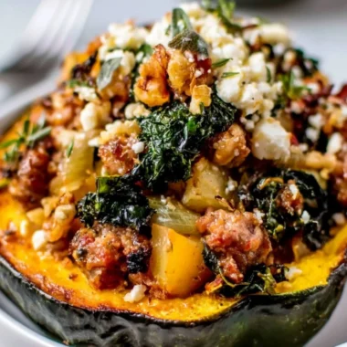 Stuffed acorn squash filled with turkey, cranberries, and rice for a seasonal meal.