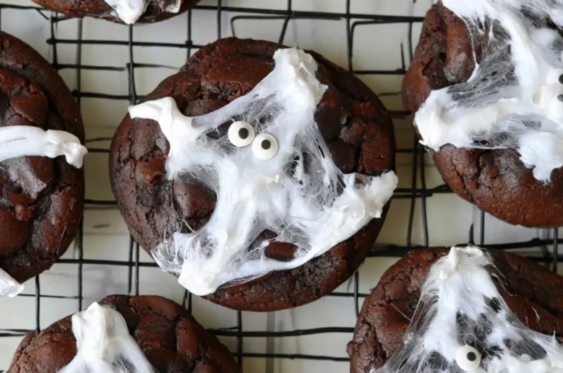Halloween double chocolate spider web cookies on a spooky-themed plate