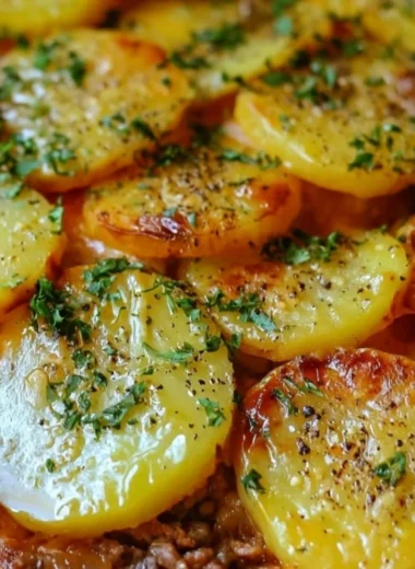 Delicious Hamburger Potato Casserole served in a baking dish