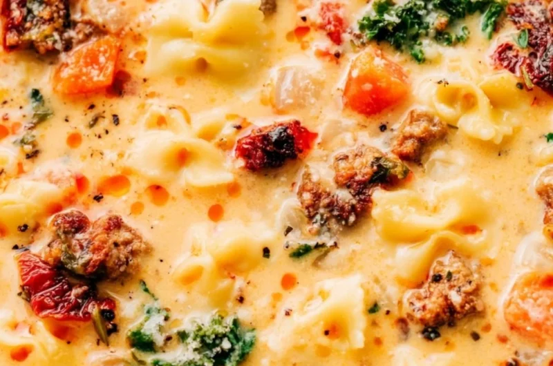 Delicious Italian sausage pasta soup in a bowl with fresh herbs and spices.