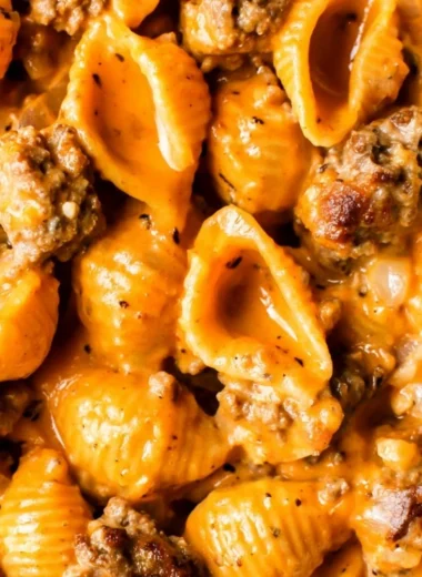 Delicious homemade hamburger helper with cheesy pasta and ground beef