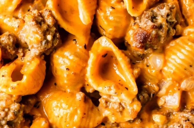 Delicious homemade hamburger helper with cheesy pasta and ground beef