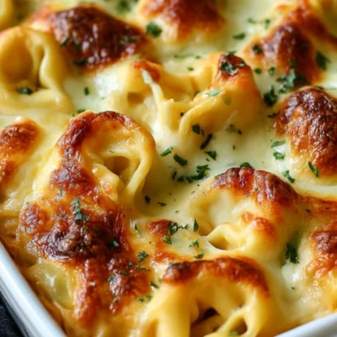 Delicious Million Dollar Baked Tortellini Casserole topped with melted cheese