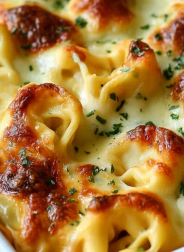 Delicious Million Dollar Baked Tortellini Casserole topped with melted cheese