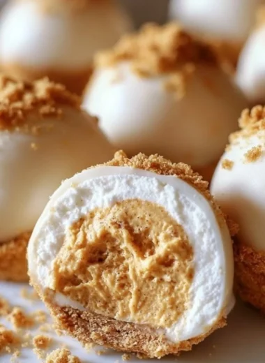 No bake pumpkin cheesecake balls topped with whipped cream and spices.