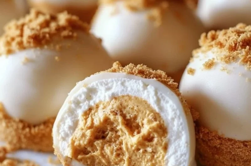No bake pumpkin cheesecake balls topped with whipped cream and spices.