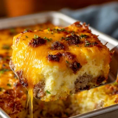 Sausage, egg, and cream cheese hashbrown casserole in a baking dish