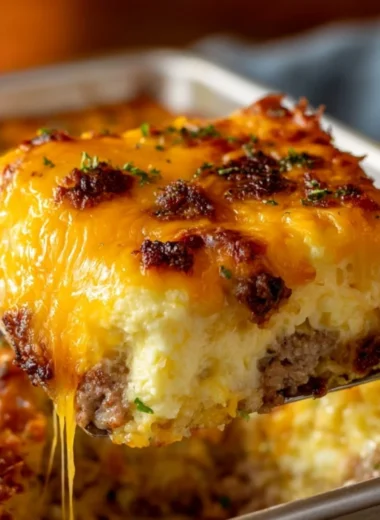 Sausage, egg, and cream cheese hashbrown casserole in a baking dish