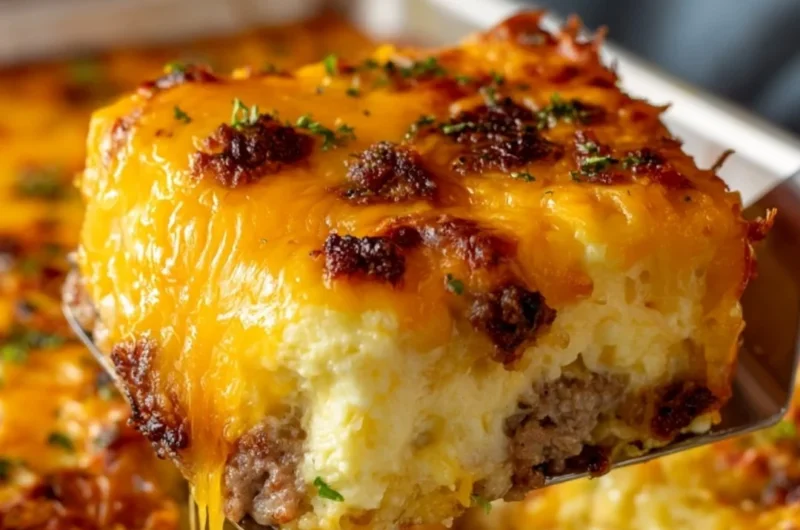 Sausage, egg, and cream cheese hashbrown casserole in a baking dish