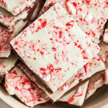 Homemade 3 ingredient peppermint bark with chocolate and crushed peppermint.