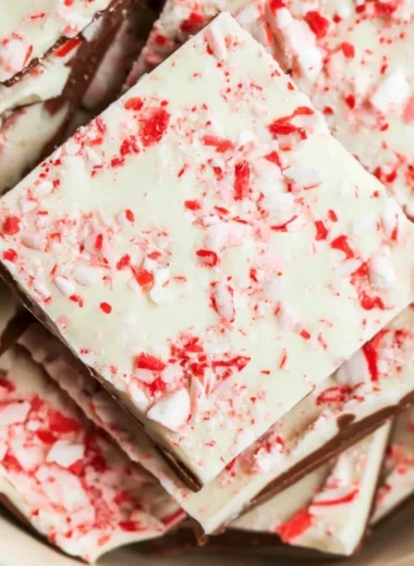 Homemade 3 ingredient peppermint bark with chocolate and crushed peppermint.