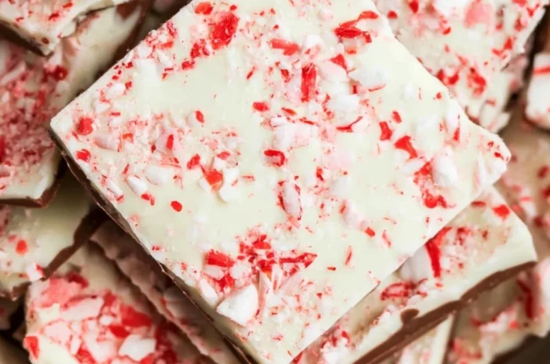 Homemade 3 ingredient peppermint bark with chocolate and crushed peppermint.