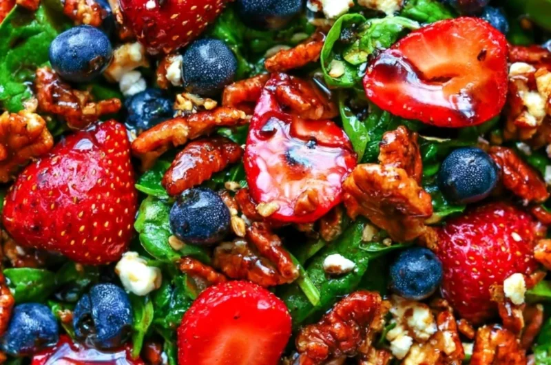 Delicious strawberry spinach salad with blueberries, pecans, and feta cheese.