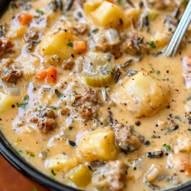 Bowl of creamy potato and sausage soup garnished with herbs