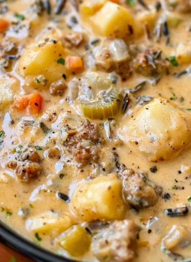 Bowl of creamy potato and sausage soup garnished with herbs