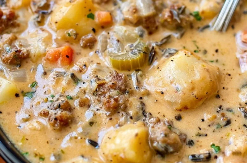 Bowl of creamy potato and sausage soup garnished with herbs
