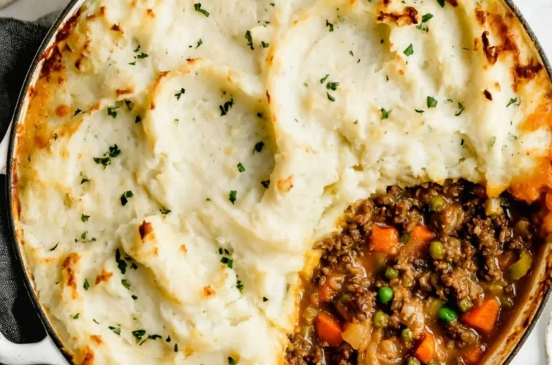 Delicious homemade Shepherd's Pie topped with golden mashed potatoes