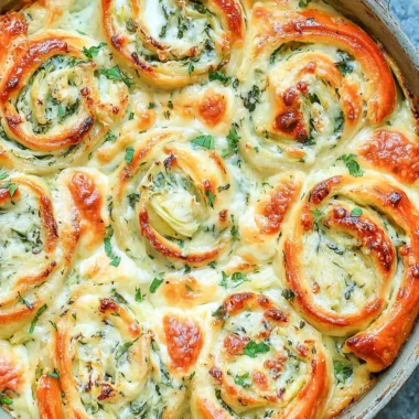 Cheesy spinach artichoke pinwheels served on a platter