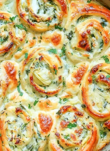 Cheesy spinach artichoke pinwheels served on a platter