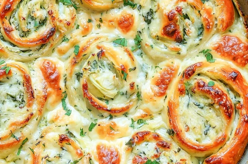 Cheesy spinach artichoke pinwheels served on a platter