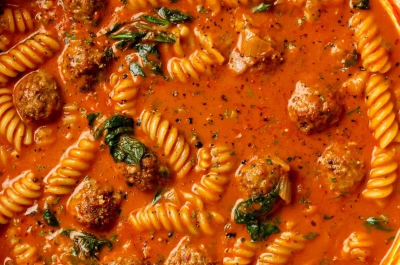 Bowl of creamy Italian meatball soup with fresh herbs and ingredients