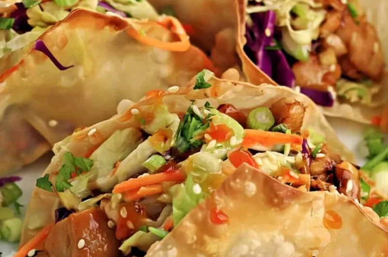 Crispy chicken wonton tacos served with fresh toppings.