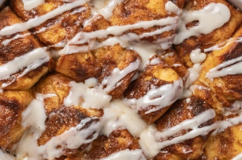 Delicious Easy Cinnamon Roll Casserole served for Christmas breakfast.