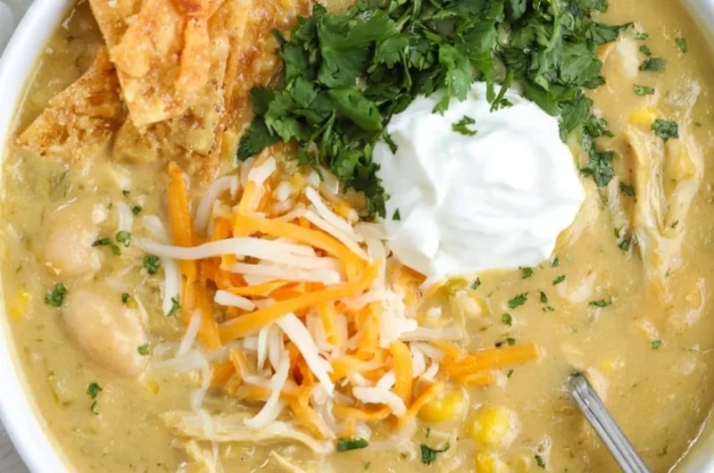 Bowl of easy green enchilada chicken soup with toppings and green chilies