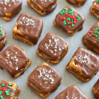 Salted caramel chocolate pretzels drizzled with caramel and chocolate.