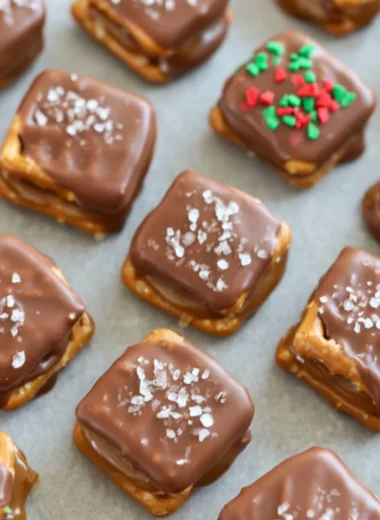 Salted caramel chocolate pretzels drizzled with caramel and chocolate.