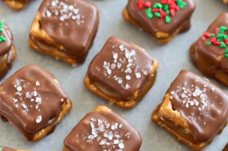 Salted caramel chocolate pretzels drizzled with caramel and chocolate.