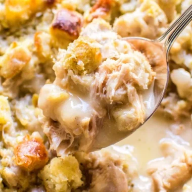Delicious leftover turkey casserole on a plate, ready to serve.