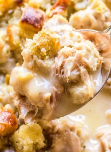 Delicious leftover turkey casserole on a plate, ready to serve.