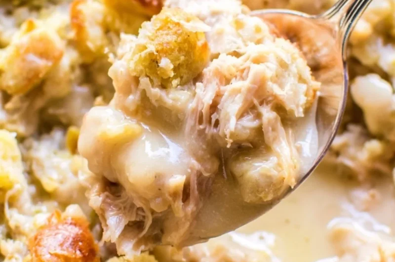 Delicious leftover turkey casserole on a plate, ready to serve.