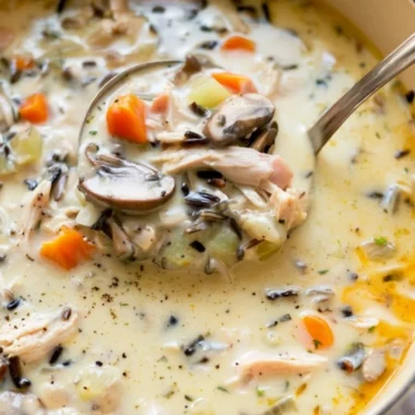 Bowl of homemade leftover turkey wild rice soup garnished with herbs