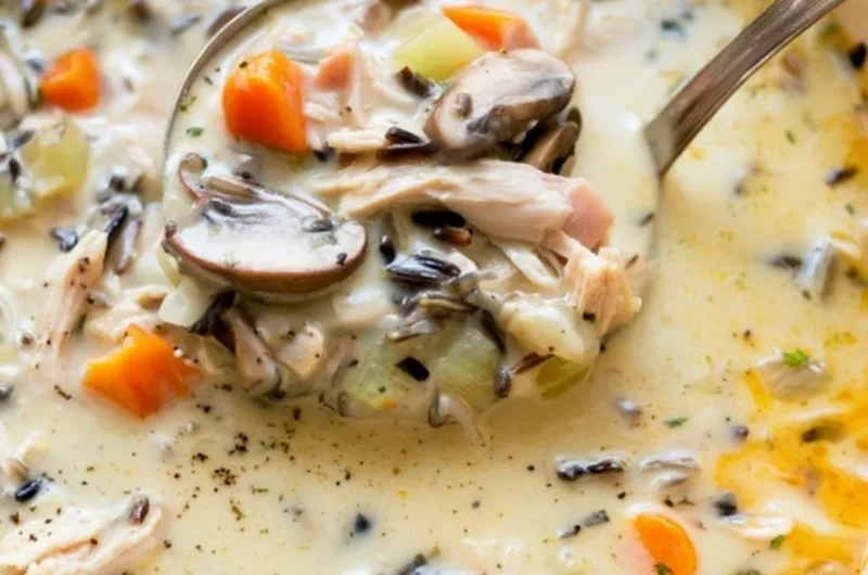 Bowl of homemade leftover turkey wild rice soup garnished with herbs