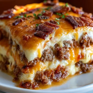 Low-carb bacon cheeseburger casserole with melted cheese and crispy bacon