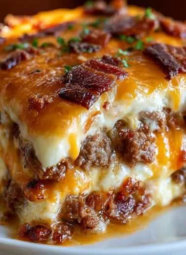 Low-carb bacon cheeseburger casserole with melted cheese and crispy bacon