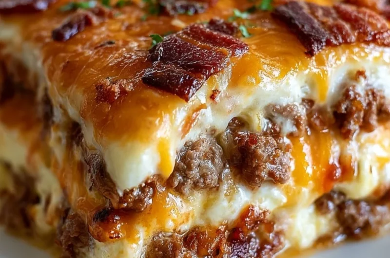 Low-carb bacon cheeseburger casserole with melted cheese and crispy bacon