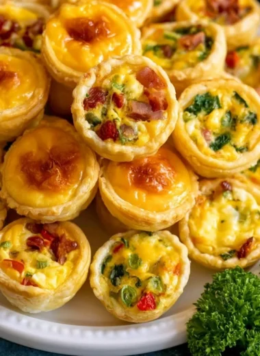 Assorted mini quiches on a platter ready for serving