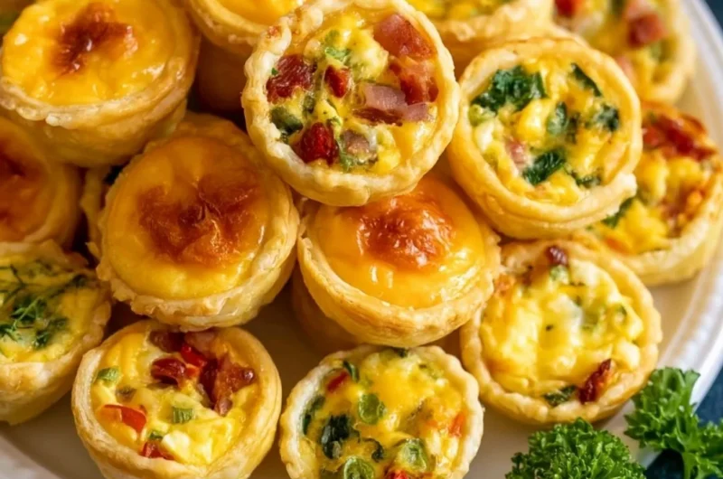 Assorted mini quiches on a platter ready for serving