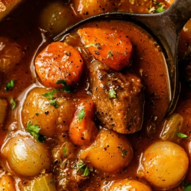 Bowl of old fashioned beef stew with vegetables and herbs