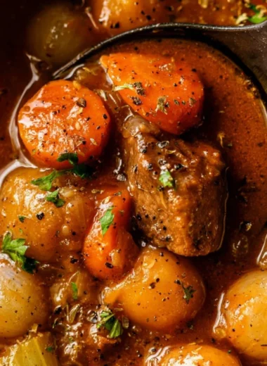 Bowl of old fashioned beef stew with vegetables and herbs