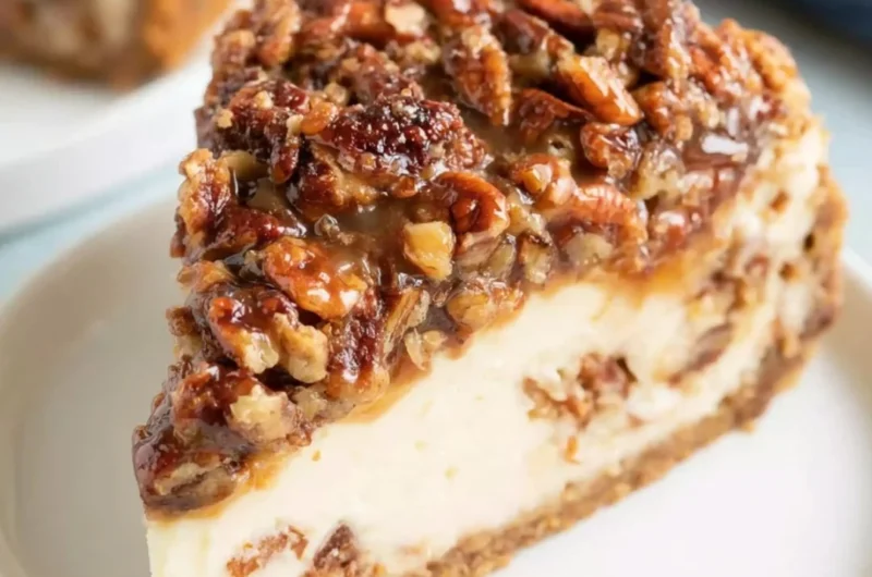 Delicious pecan pie cheesecake topped with pecans and caramel drizzle
