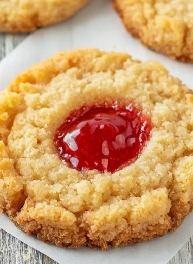 Plate of homemade raspberry Christmas cookies with crumble topping