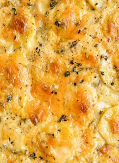 Creamy scalloped potatoes baked with cheese and spices