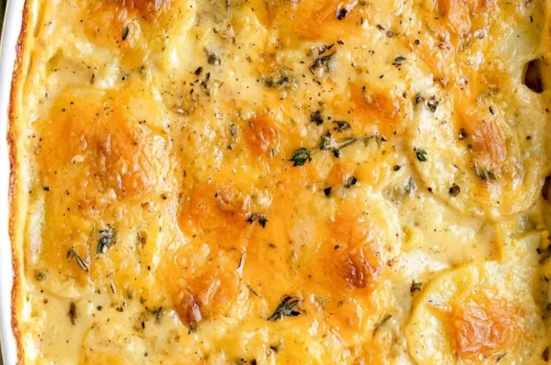 Creamy scalloped potatoes baked with cheese and spices