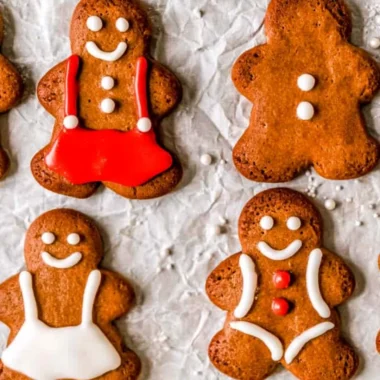 Delicious soft and chewy gingerbread man cookies displayed on a festive plate.