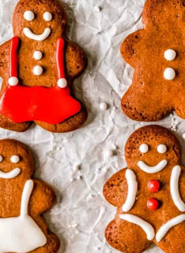 Delicious soft and chewy gingerbread man cookies displayed on a festive plate.
