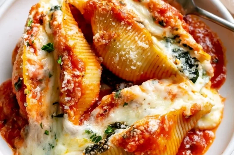 Delicious stuffed shells filled with ricotta cheese and herbs topped with marinara sauce